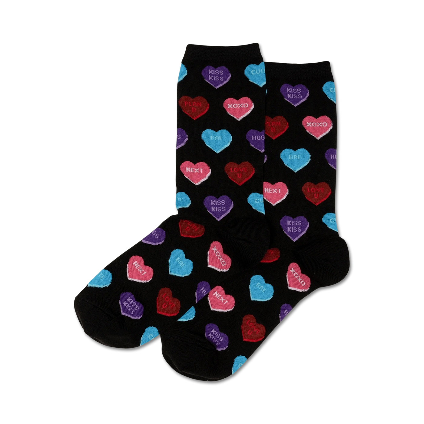 Pair of women's crew socks. Black background with colorful candy hearts that say 'Kiss Kiss', 'XOXO', etc.