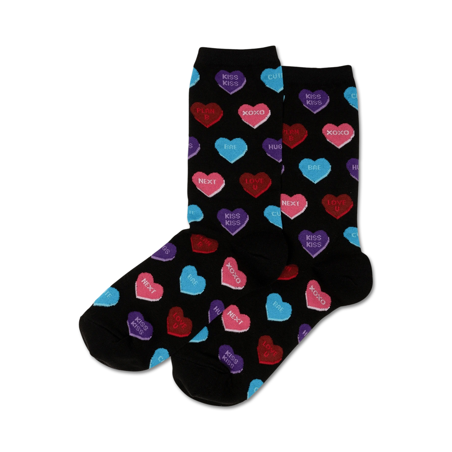 Pair of women's crew socks. Black background with colorful candy hearts that say 'Kiss Kiss', 'XOXO', etc.