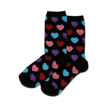 womens black crew socks with pink word "next" and multicolor hearts.   