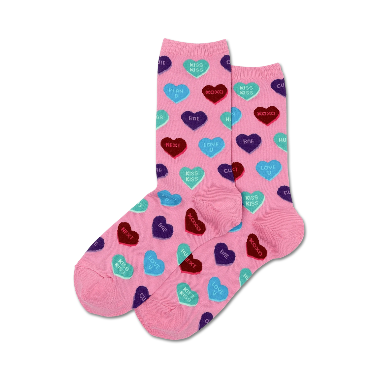 Lifestyle shot: A pair of pink Sassy Sweet Heart Candy socks against a white background.