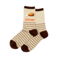 Pair of cream and brown striped crew socks. Features a cartoon chicken leg and 'Leg Day' text.