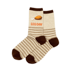 Pair of cream and brown striped crew socks. Features a cartoon chicken leg and 'Leg Day' text.