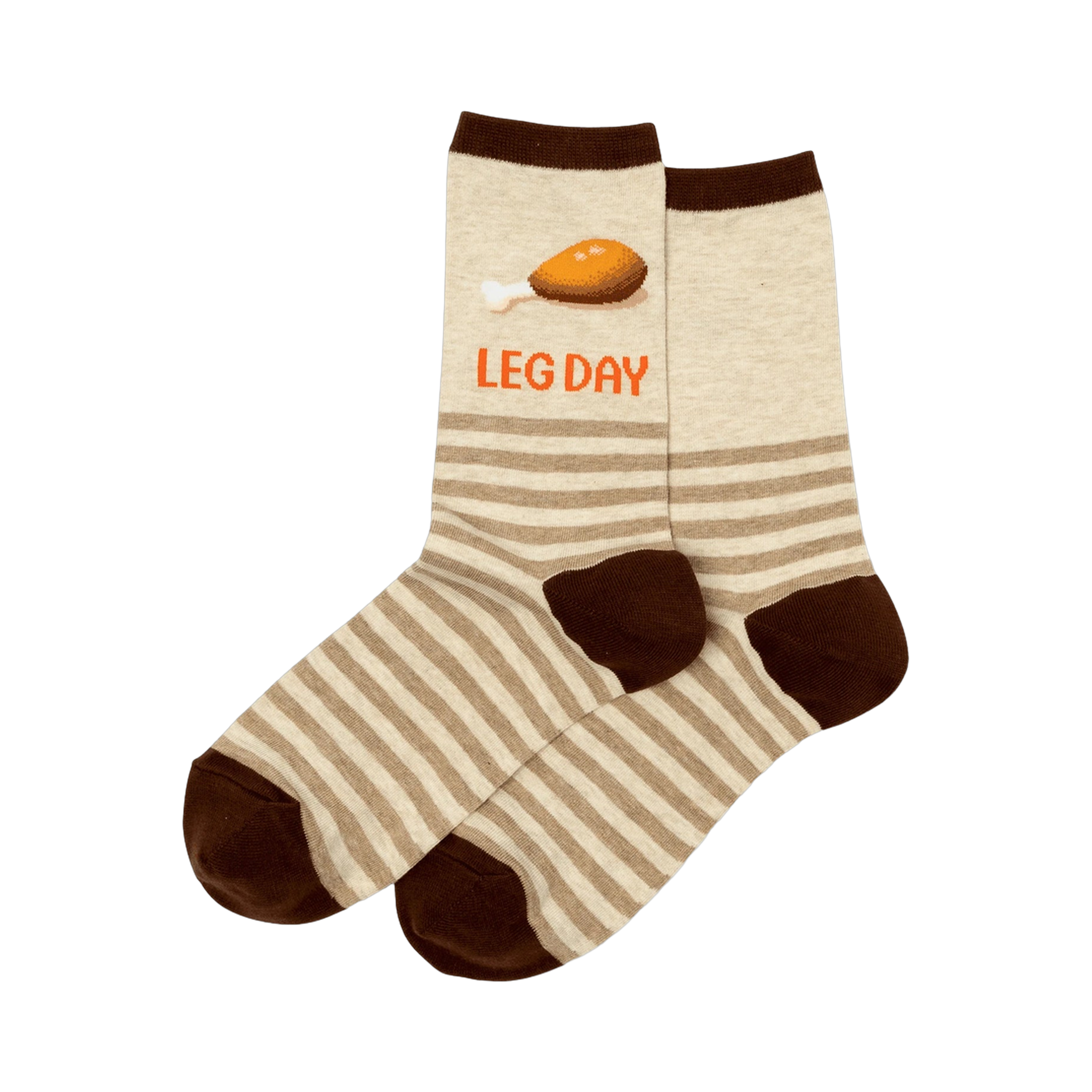 Pair of cream and brown striped crew socks. Features a cartoon chicken leg and 'Leg Day' text.