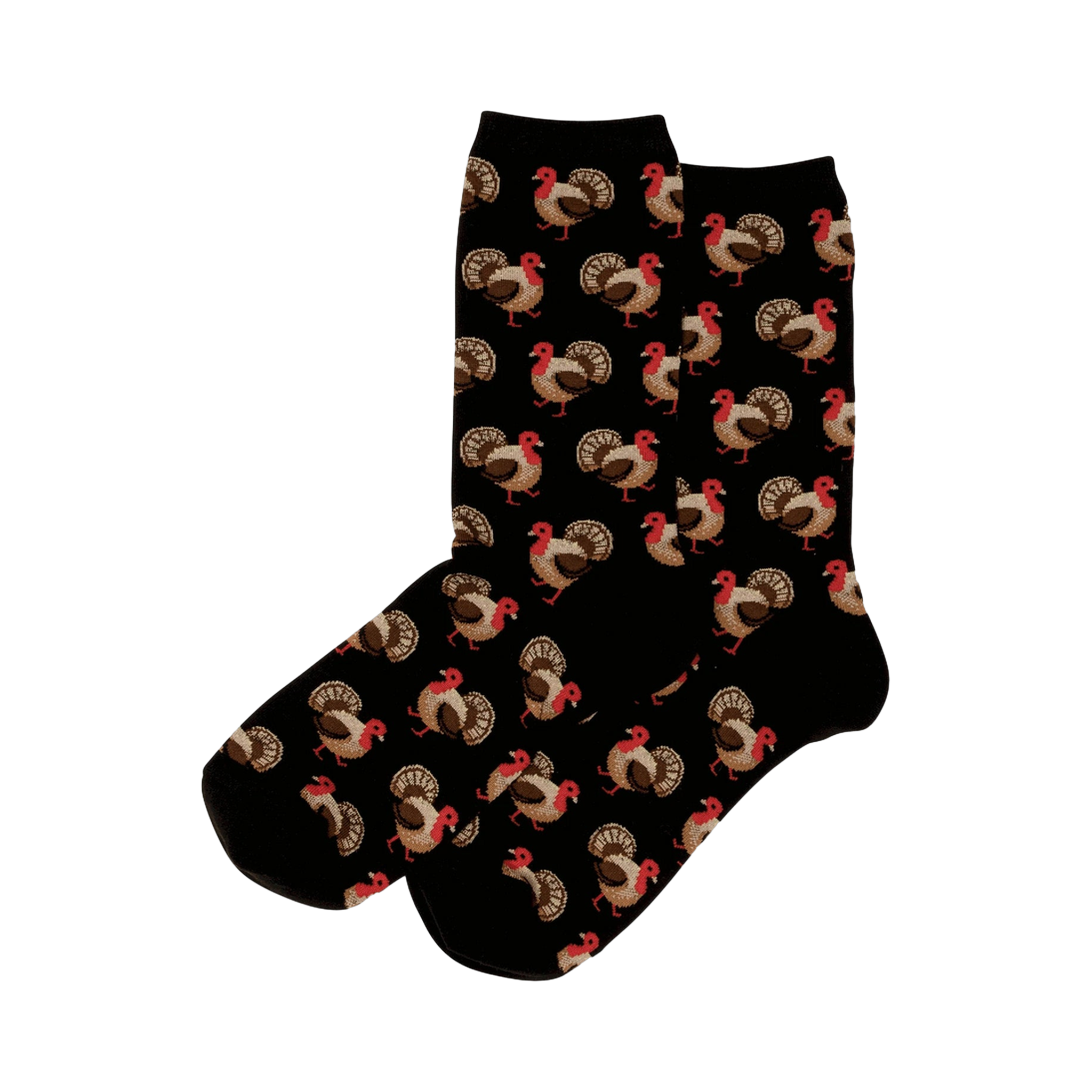Pair of black crew socks with a repeating pattern of brown and red turkeys. 