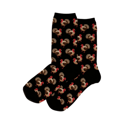 Pair of black crew socks with a repeating pattern of brown and red turkeys. 