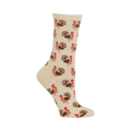 Close-up of a beige crew sock with a repeating pattern of brown and red turkeys.