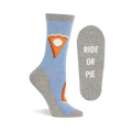 Single light blue pie pattern sock standing upright, with its gray sole featuring 'RIDE OR PIE' text shown flat next to it.
