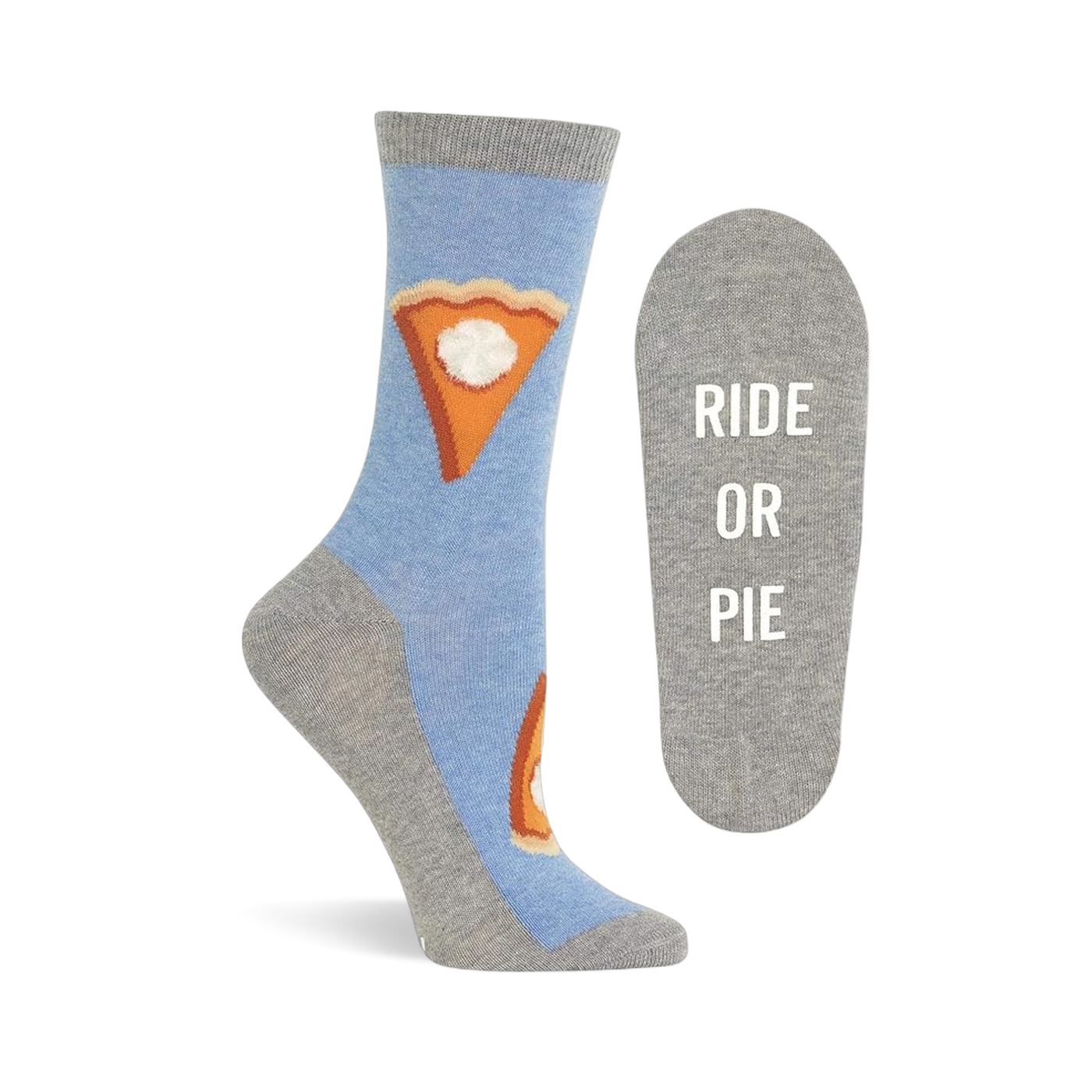 Single light blue pie pattern sock standing upright, with its gray sole featuring 'RIDE OR PIE' text shown flat next to it.