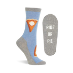 Single light blue pie pattern sock standing upright, with its gray sole featuring 'RIDE OR PIE' text shown flat next to it.