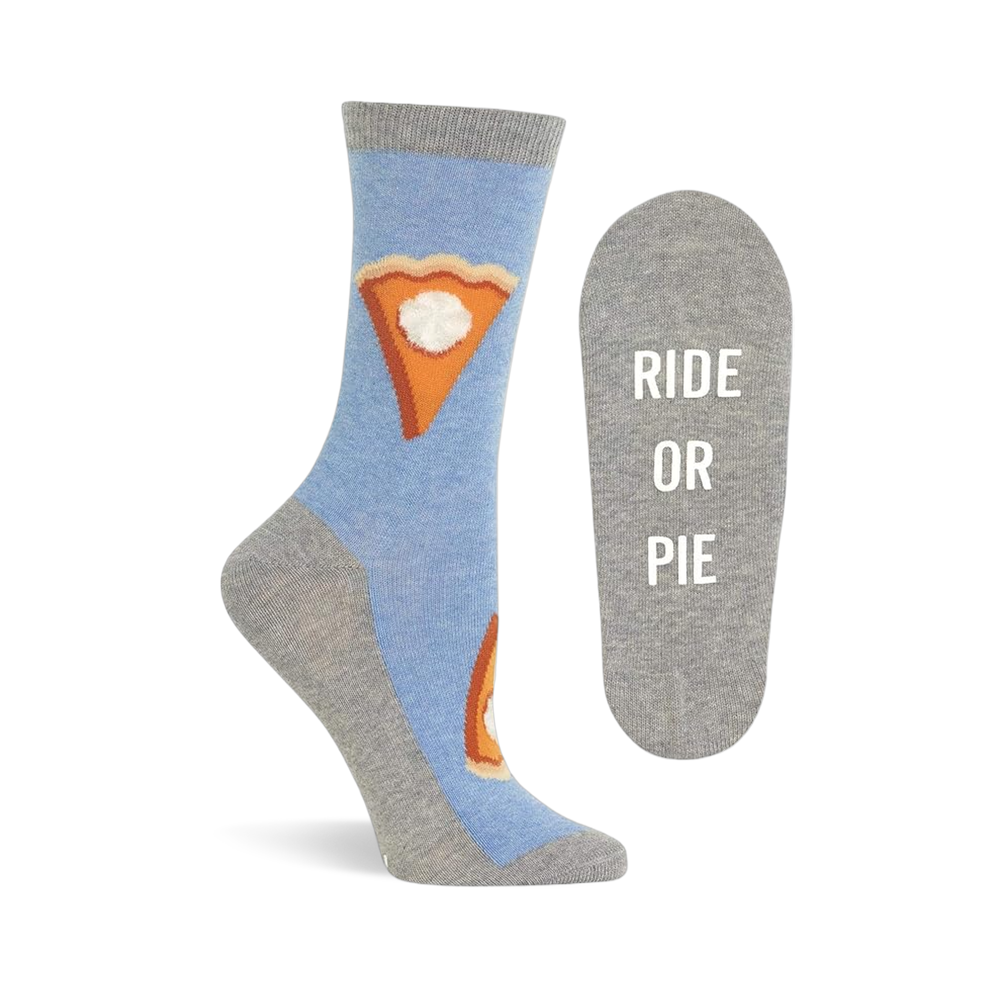 Single light blue pie pattern sock standing upright, with its gray sole featuring 'RIDE OR PIE' text shown flat next to it.