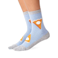 Pair of light blue crew slipper socks with gray heel, toe, and cuff, featuring pie slices with whipped cream, worn on feet.