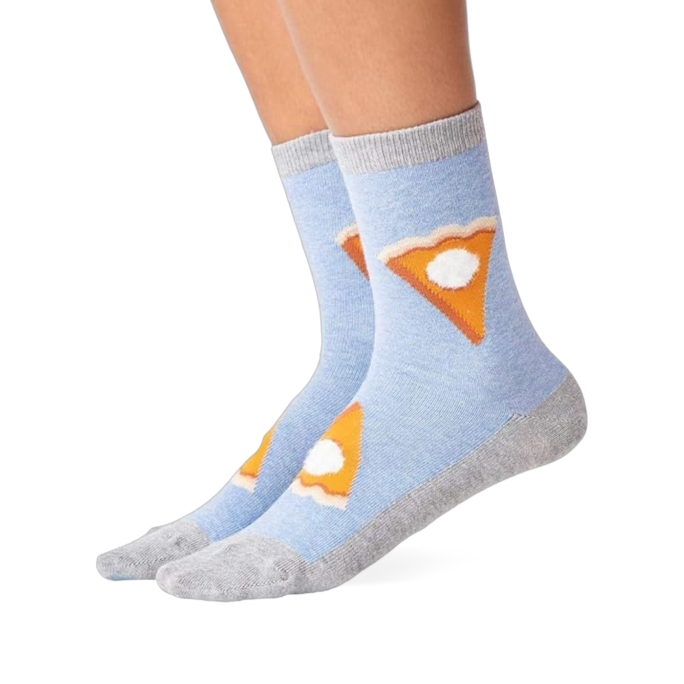 Pair of light blue crew slipper socks with gray heel, toe, and cuff, featuring pie slices with whipped cream, worn on feet.