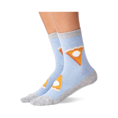 Pair of light blue crew slipper socks with gray heel, toe, and cuff, featuring pie slices with whipped cream, worn on feet.