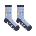 Crew socks in light blue with a snowflake pattern.  Each sock features a tan llama wearing a blue scarf and a Star of David. The text 'Happy Llamakkah' is visible on the sole.