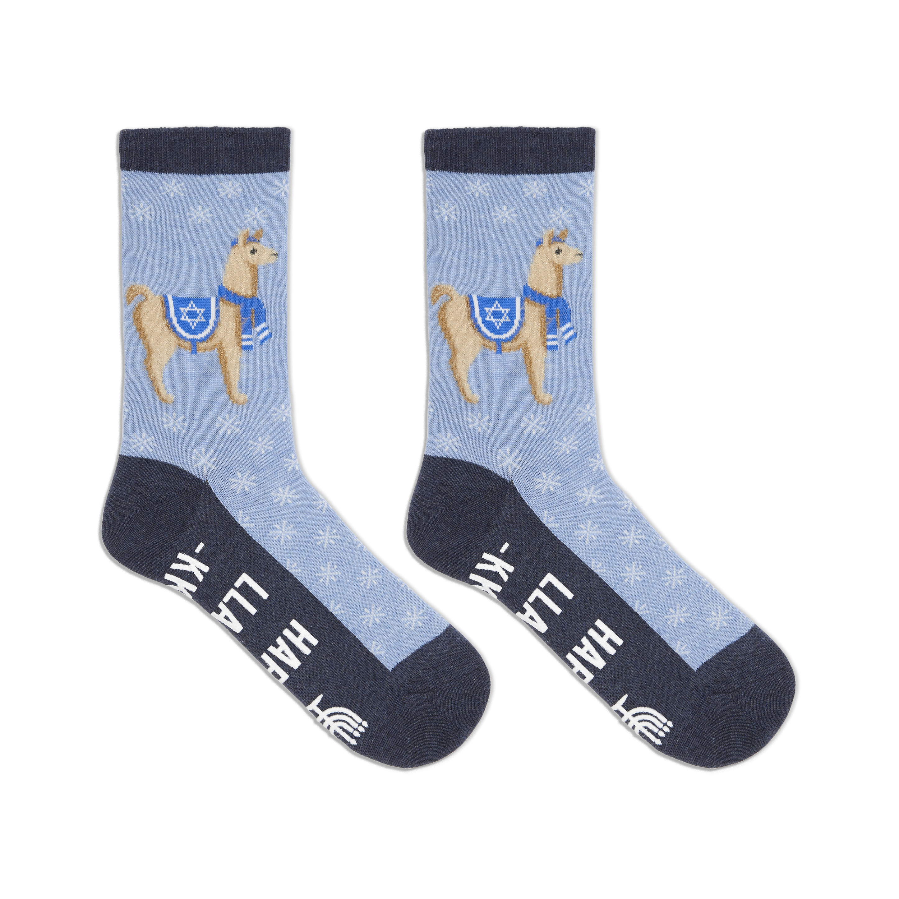 Crew socks in light blue with a snowflake pattern.  Each sock features a tan llama wearing a blue scarf and a Star of David. The text 'Happy Llamakkah' is visible on the sole.