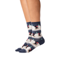 Lifestyle shot showing the socks on a person's legs. The socks are the focus.