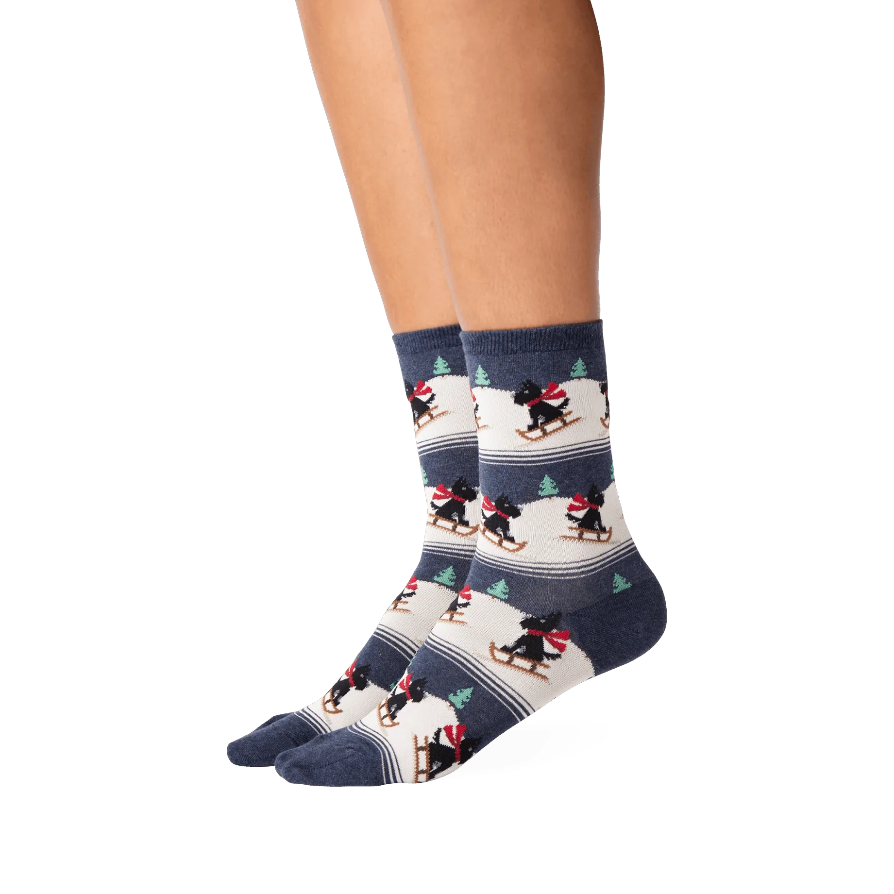 Lifestyle shot showing the socks on a person's legs. The socks are the focus.