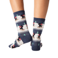 Rear view of the socks on a person's legs. Shows the back design of the socks.