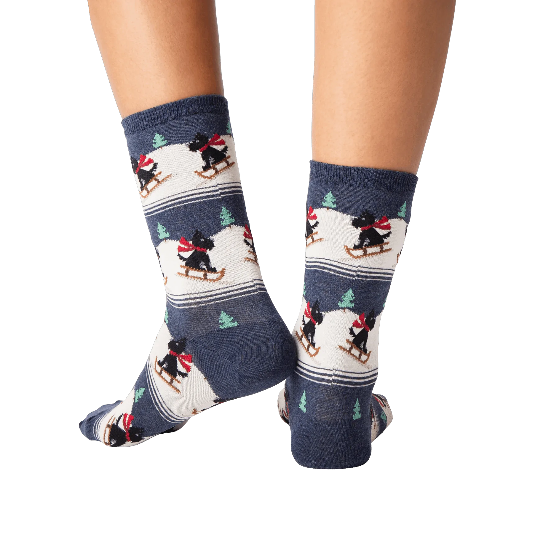 Rear view of the socks on a person's legs. Shows the back design of the socks.