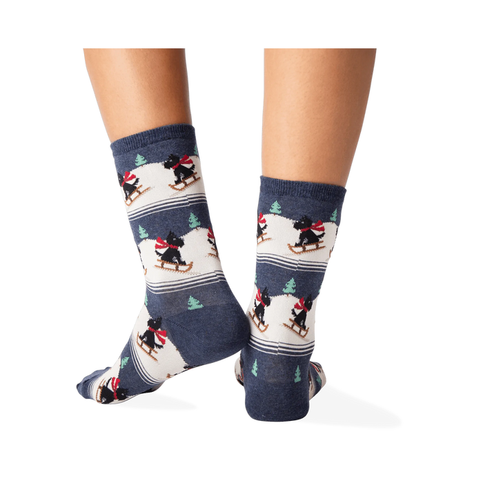 Rear view of the socks on a person's legs. Shows the back design of the socks.