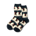 Cream and navy crew socks featuring a repeating pattern of black Scottie dogs sledding. Festive and fun!