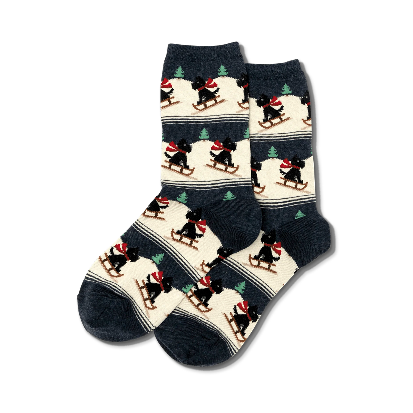 Cream and navy crew socks featuring a repeating pattern of black Scottie dogs sledding. Festive and fun!
