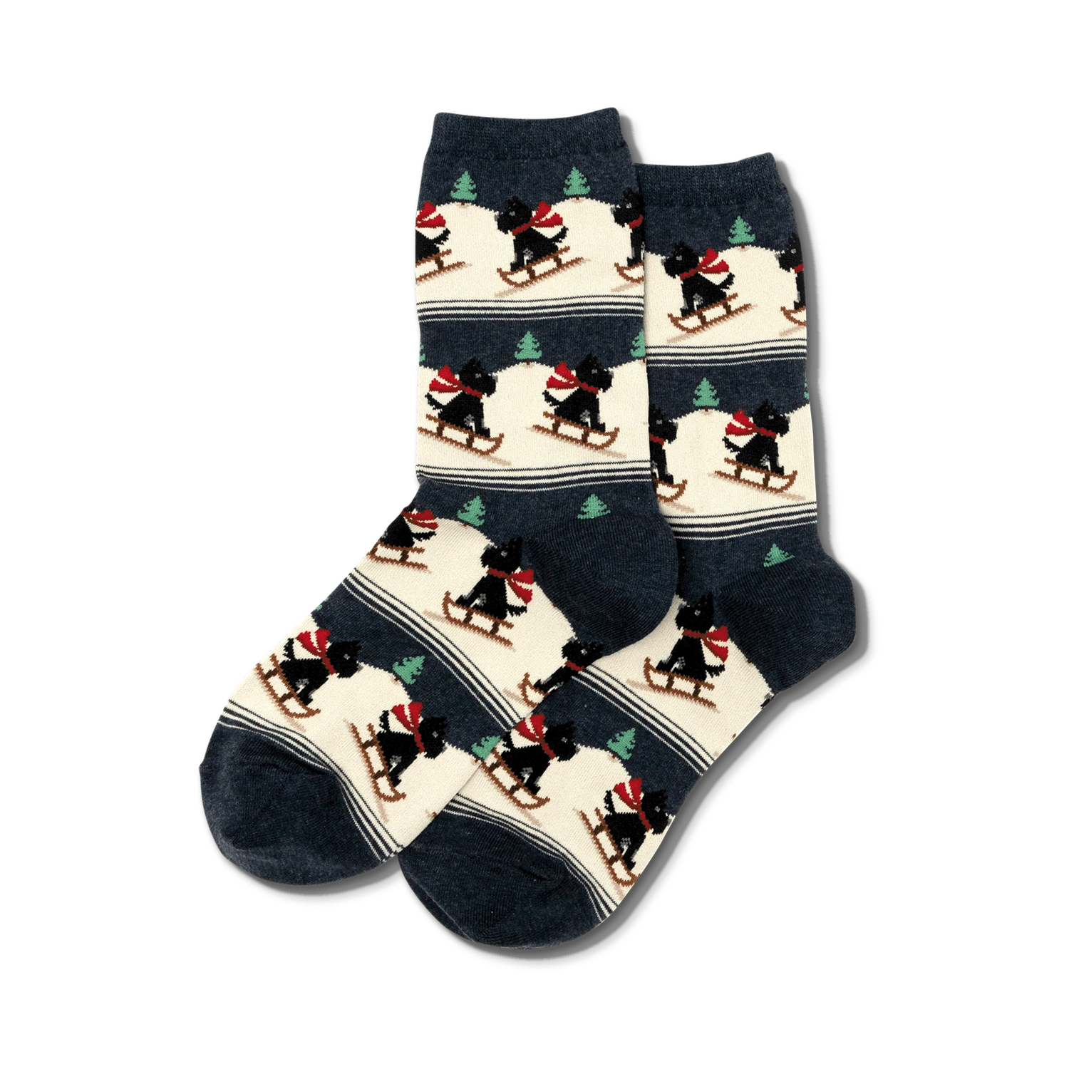 Cream and navy crew socks featuring a repeating pattern of black Scottie dogs sledding. Festive and fun!