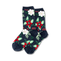 A pair of women's crew socks in navy blue, adorned with a festive pattern of red poinsettias, white flowers, and green leaves.