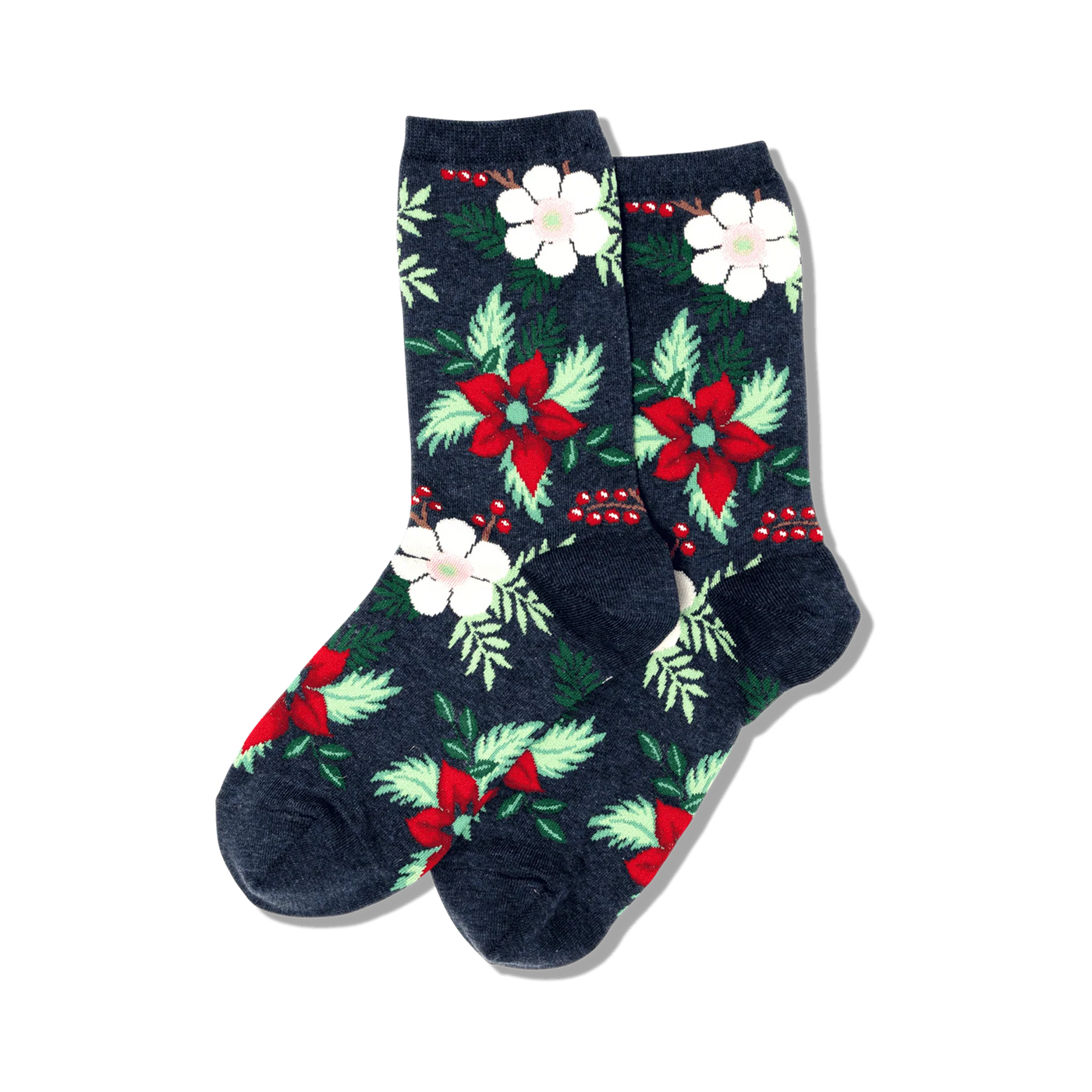 A pair of women's crew socks in navy blue, adorned with a festive pattern of red poinsettias, white flowers, and green leaves.