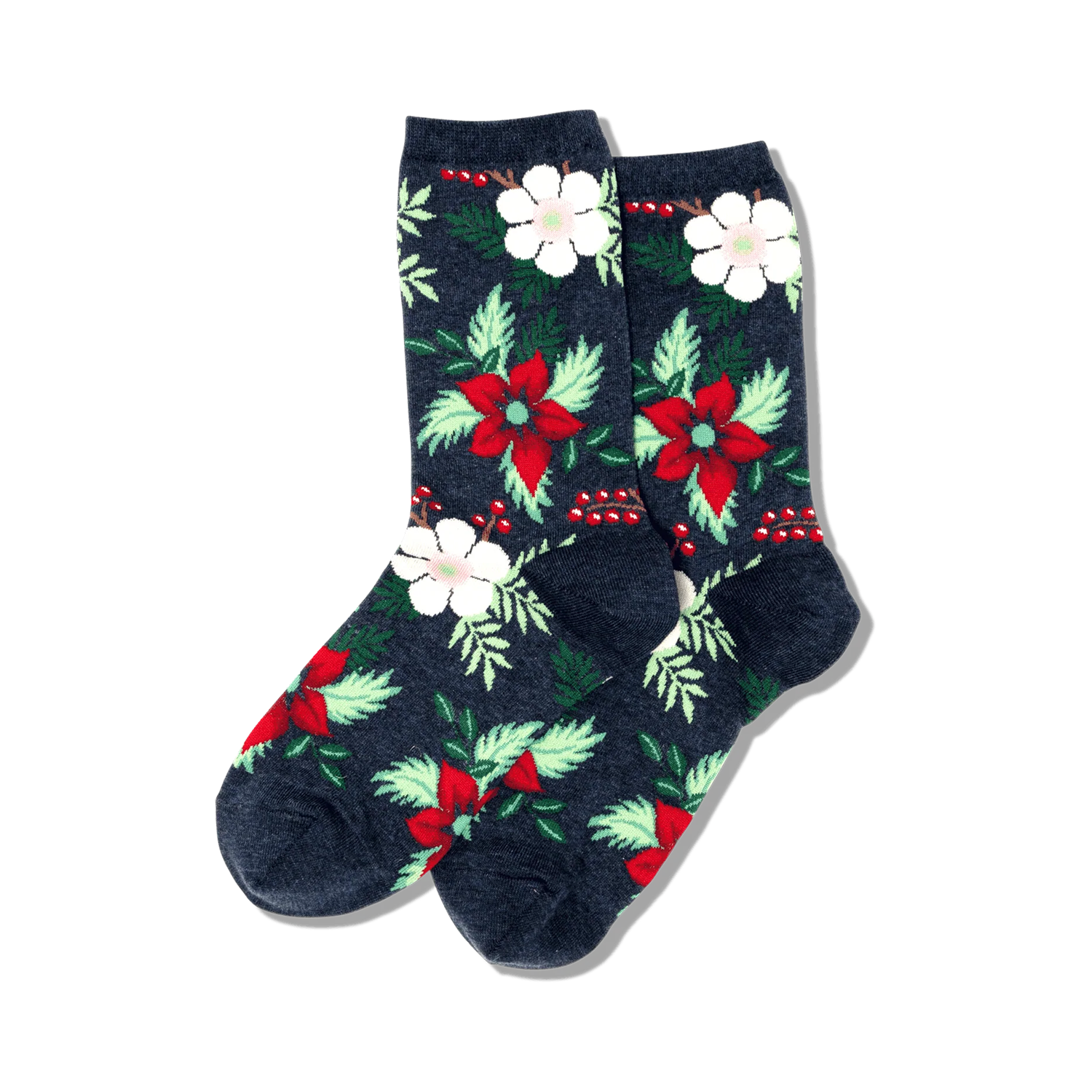 A pair of women's crew socks in navy blue, adorned with a festive pattern of red poinsettias, white flowers, and green leaves.