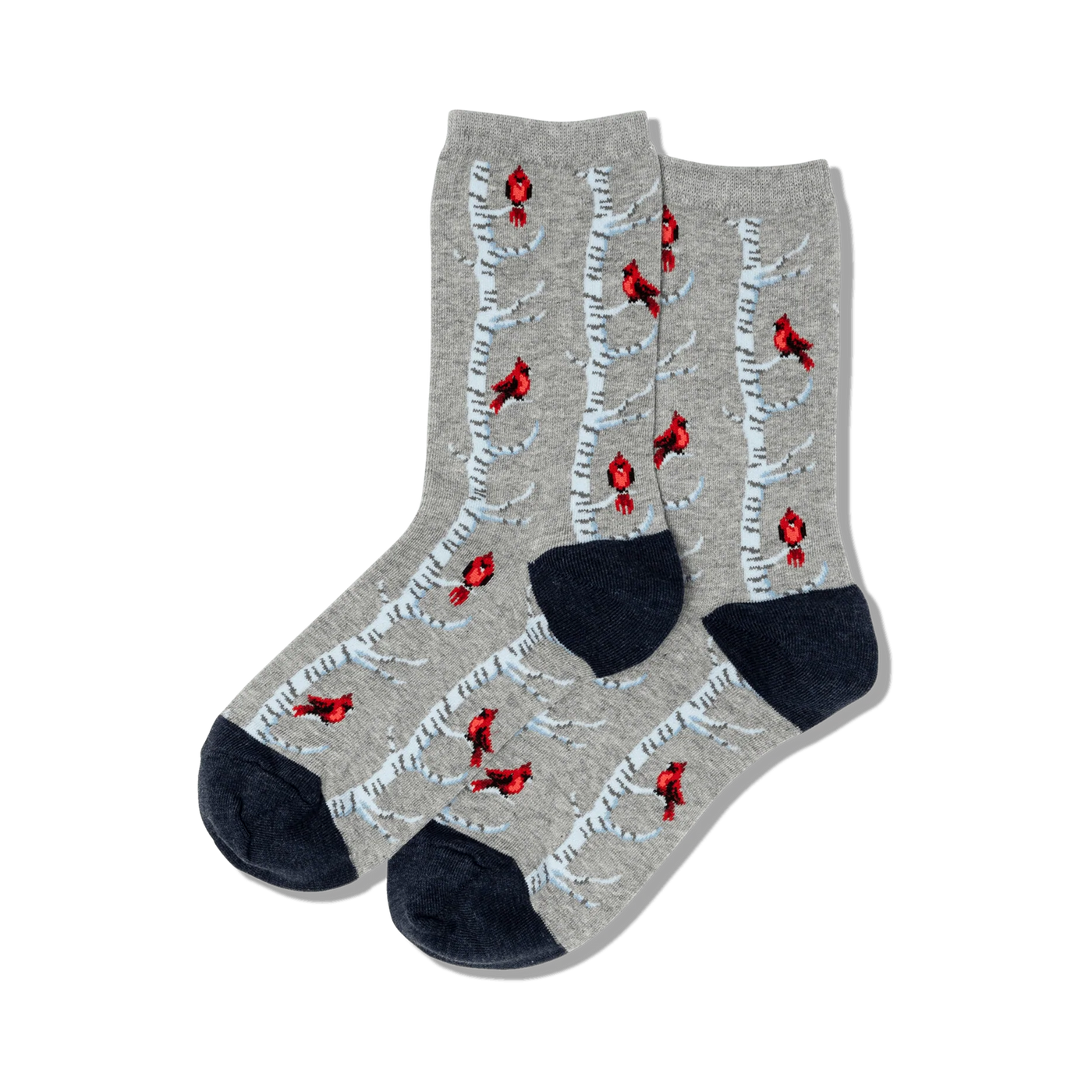 A pair of grey crew socks with a whimsical design of red cardinals on birch trees. The socks have navy blue cuffs.