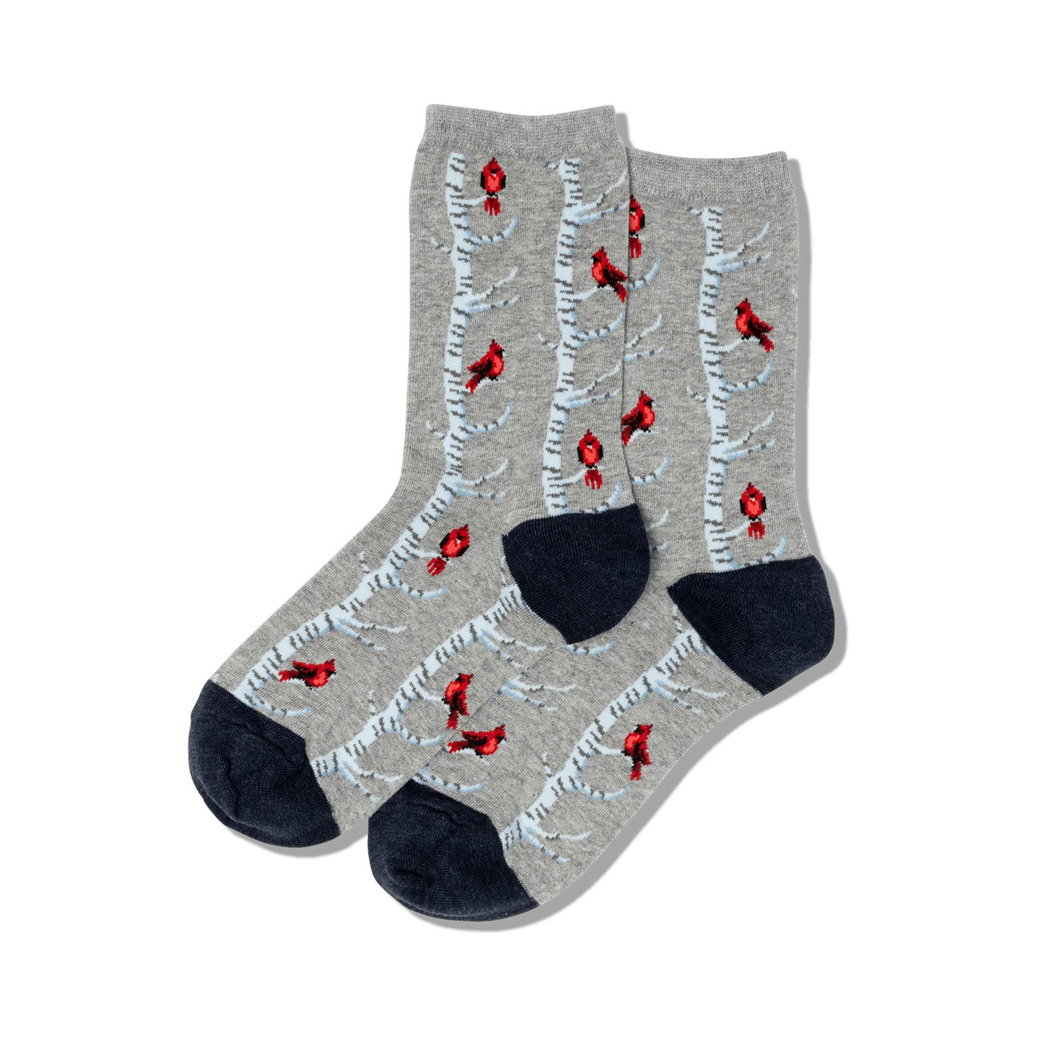 A pair of grey crew socks with a whimsical design of red cardinals on birch trees. The socks have navy blue cuffs.