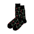 Pair of black crew socks with a repeating pattern of red and green martini glasses, candy canes, and holly sprigs.