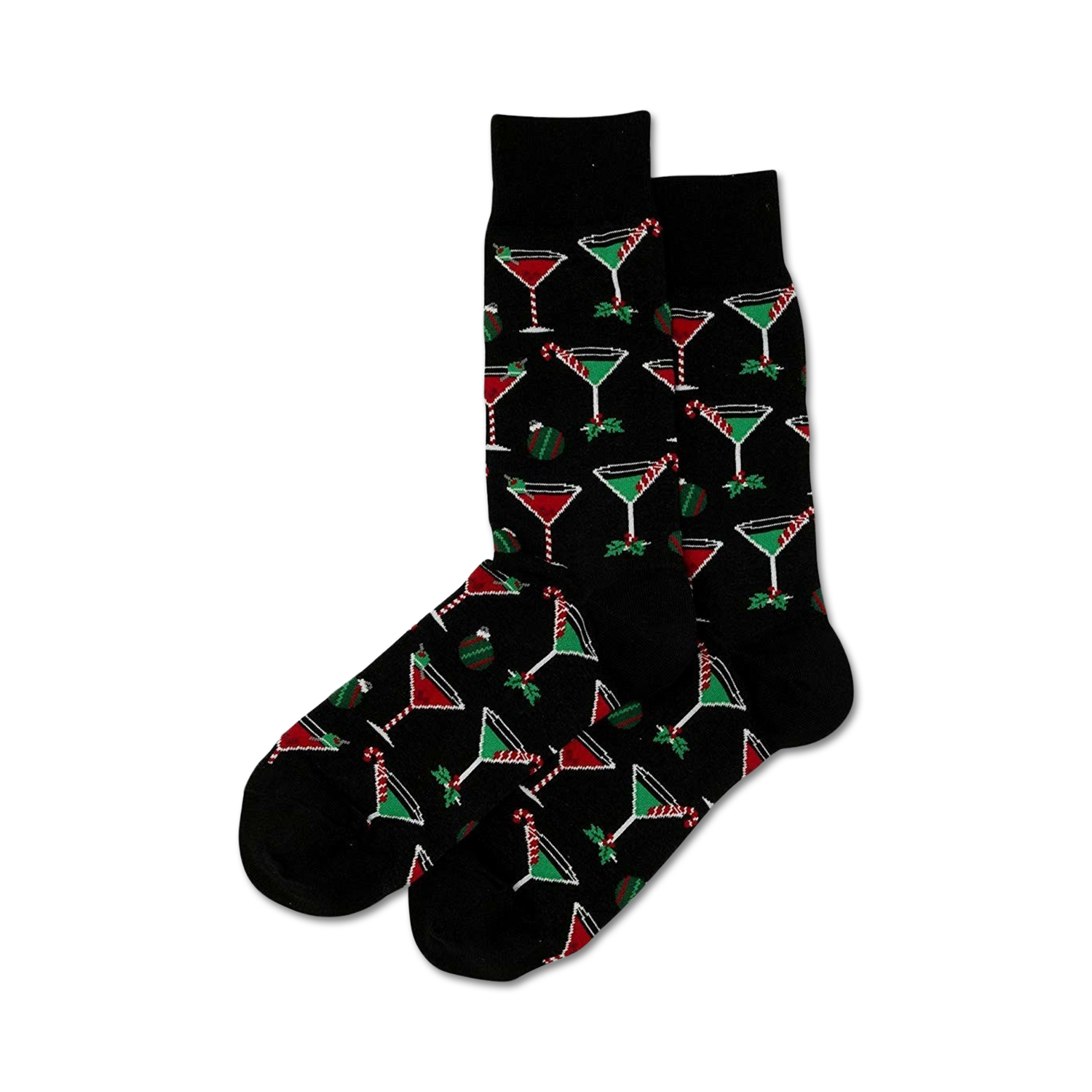 Pair of black crew socks with a repeating pattern of red and green martini glasses, candy canes, and holly sprigs.