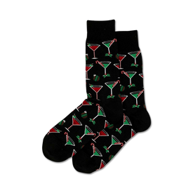 black crew socks with martini glasses and candy canes pattern. perfect for christmas.  