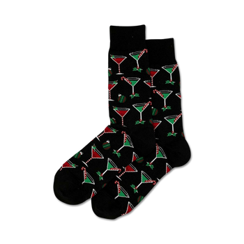 black crew socks with martini glasses and candy canes pattern. perfect for christmas.  
