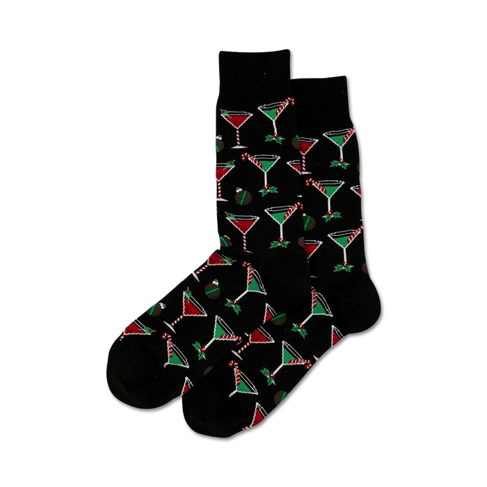 black crew socks with martini glasses and candy canes pattern. perfect for christmas.   }}