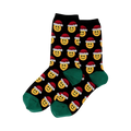 Pair of black crew socks.  Feature a repeating pattern of yellow smiley faces wearing red Santa hats. Green cuffs.