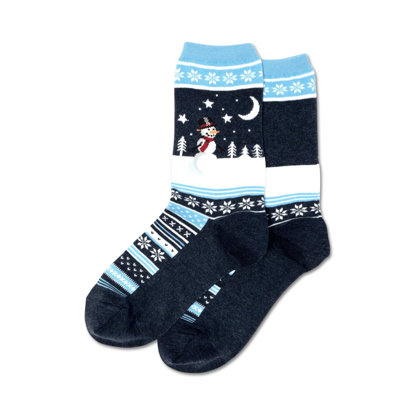 Pair of crew socks in navy blue, white, and light blue.  Features a snowman, moon, and snowflake Fair Isle pattern.