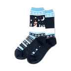 Pair of crew socks in navy blue, white, and light blue.  Features a snowman, moon, and snowflake Fair Isle pattern.
