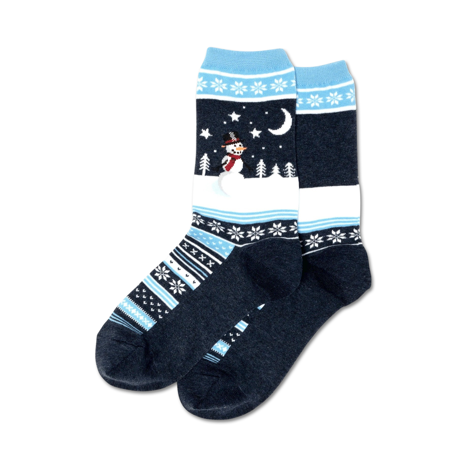 Pair of crew socks in navy blue, white, and light blue.  Features a snowman, moon, and snowflake Fair Isle pattern.