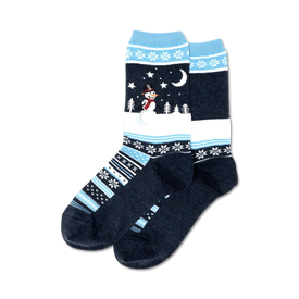 blue crew socks with snowflakes, stars, and crescent moon pattern; snowman wearing hat and scarf in center; solid dark blue toes and heels  