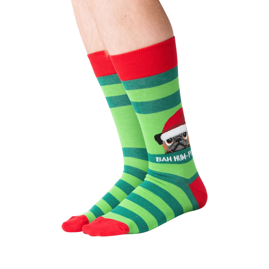 Lifestyle shot showing the socks on a person's feet.  The socks are green and red striped with a pug graphic.