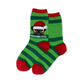 Pair of green and red striped crew socks.  A pug wearing a Santa hat is shown on the socks with the text 'Bah Hum-Pug'.