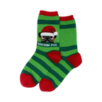 Pair of green and red striped crew socks.  A pug wearing a Santa hat is shown on the socks with the text 'Bah Hum-Pug'.