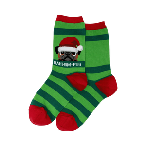 Pair of green and red striped crew socks.  A pug wearing a Santa hat is shown on the socks with the text 'Bah Hum-Pug'.