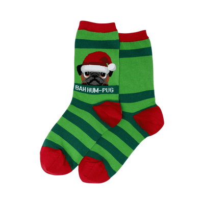 Pair of green and red striped crew socks.  A pug wearing a Santa hat is shown on the socks with the text 'Bah Hum-Pug'.