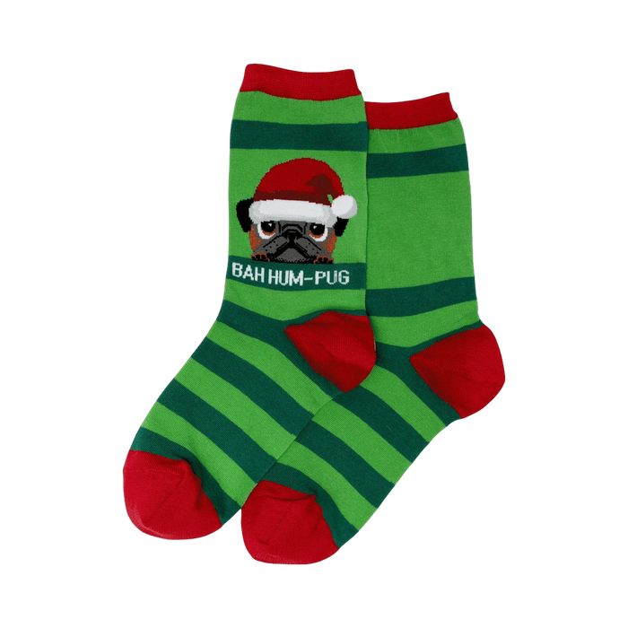Pair of green and red striped crew socks.  A pug wearing a Santa hat is shown on the socks with the text 'Bah Hum-Pug'.
