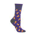 Crew socks in purple with a gray cuff and toe.  The socks feature a repeating pattern of small, illustrated candy corn.