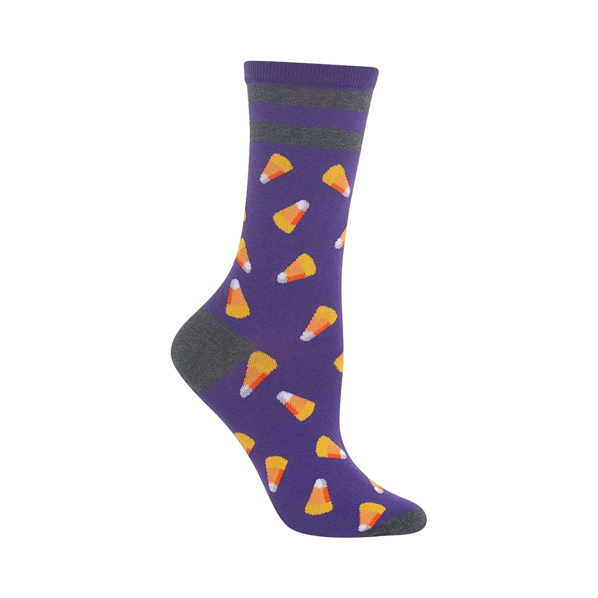 Crew socks in purple with a gray cuff and toe.  The socks feature a repeating pattern of small, illustrated candy corn.